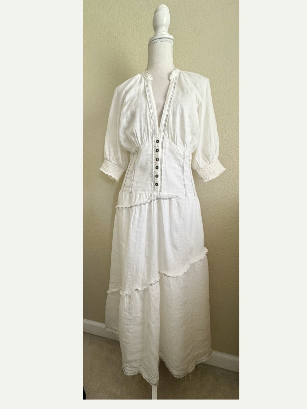 Anthropologie V-Neck Corset Midi Shirt Dress in Off White Medium - Picture 5 of 14